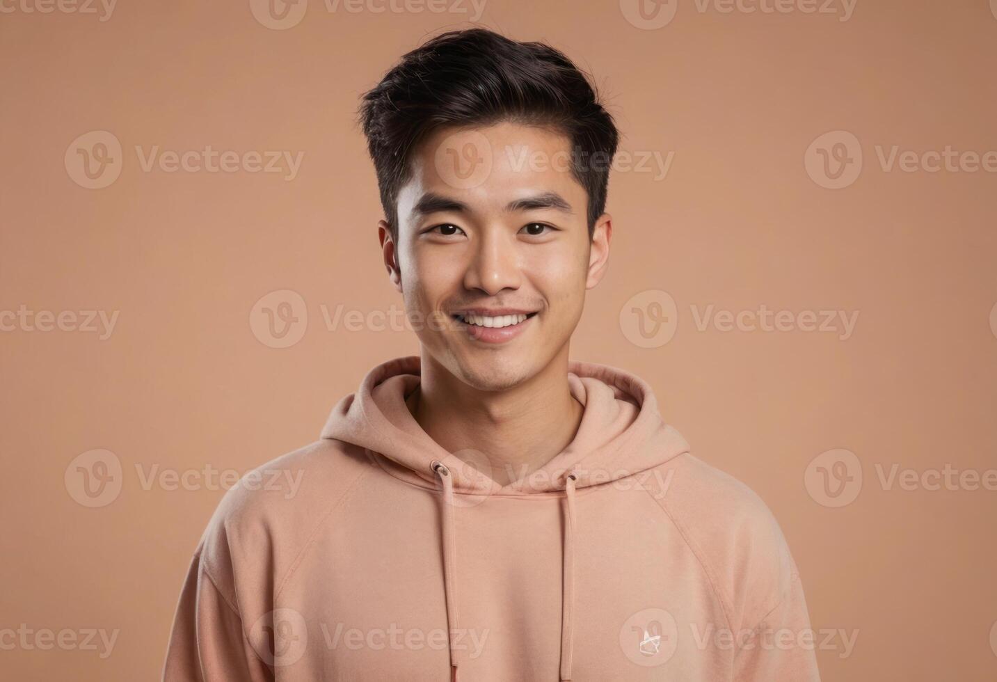 AI Generated A youthful man beams in a peach hoodie, his neat hairstyle and bright expression convey casual comfort and a positive spirit. photo
