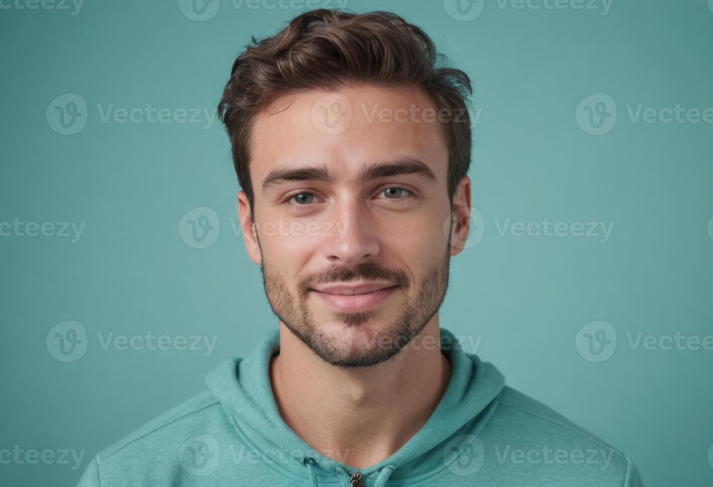 AI Generated A young man in a teal hooded sweatshirt smiles gently, with a soft blue background enhancing his approachable appearance. photo