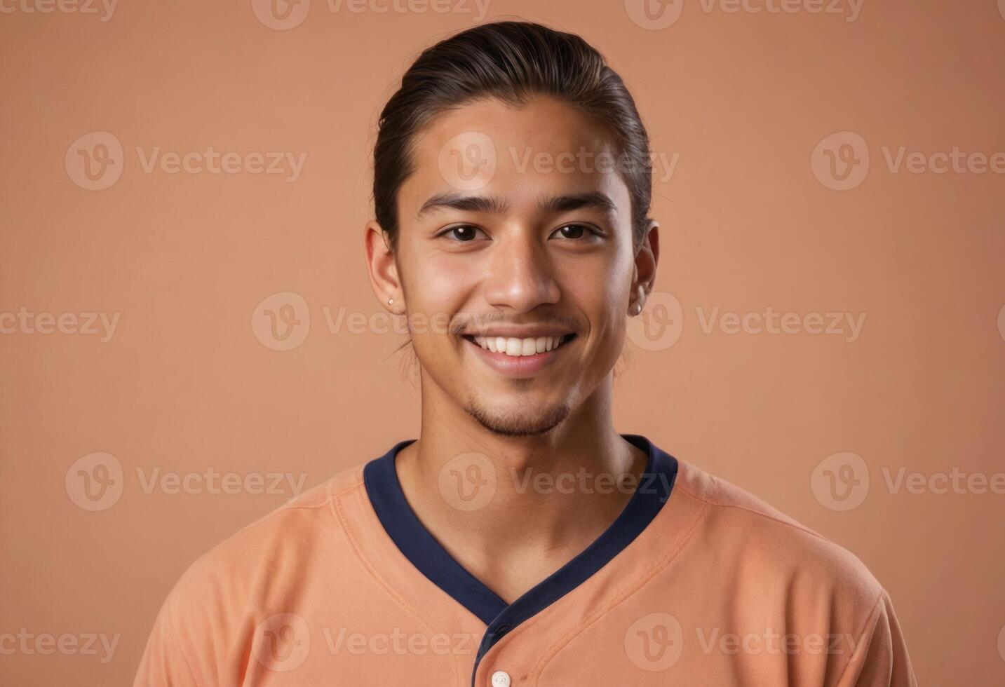 AI Generated A casually dressed man in a peach v-neck tee smiles warmly, his laid-back style and friendly demeanor create a welcoming presence. photo