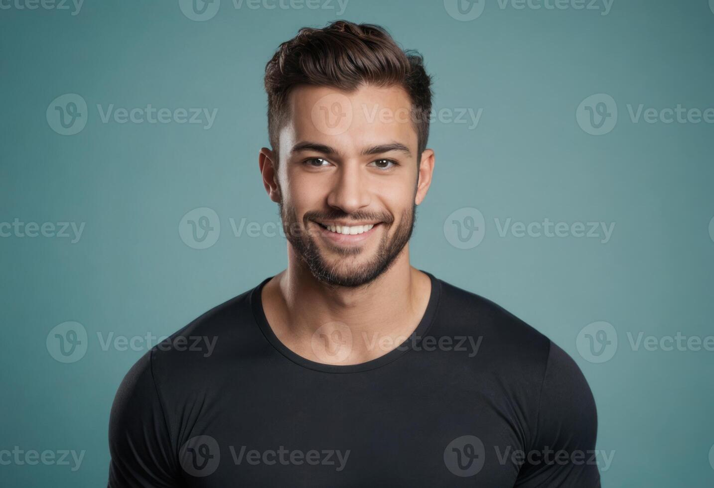 AI Generated A fit man in a black athletic shirt smiles broadly, his sculpted features and friendly aura highlighted against a blue background. photo