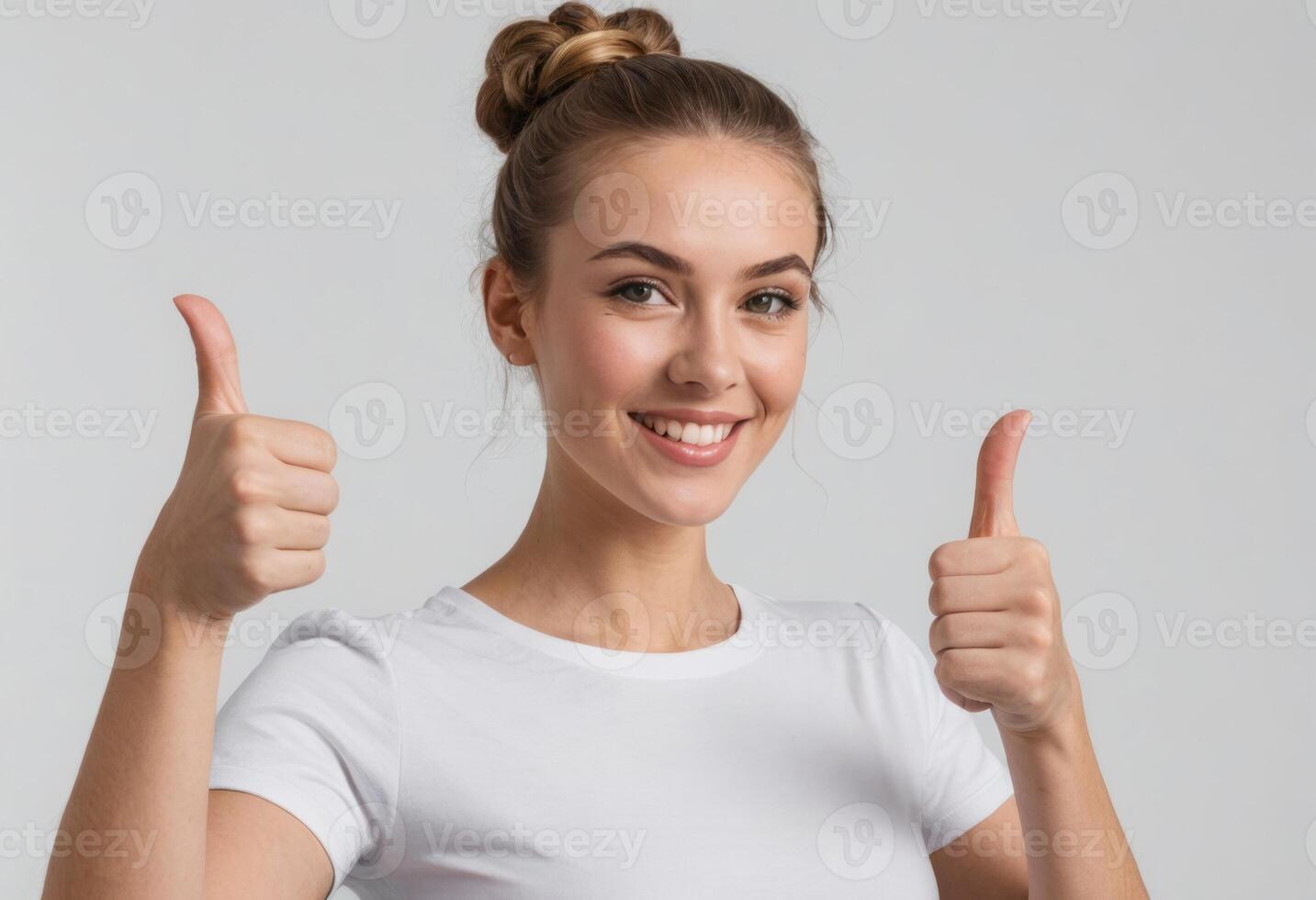 AI Generated A radiant young woman in a white t-shirt giving a thumbs up with both hands, symbolizing approval and satisfaction. photo