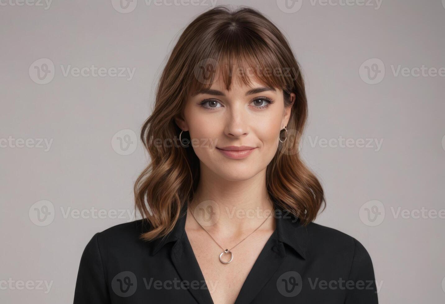 AI Generated A professional looking young woman in a black blouse, with a warm smile and a necklace, portraying confidence. photo
