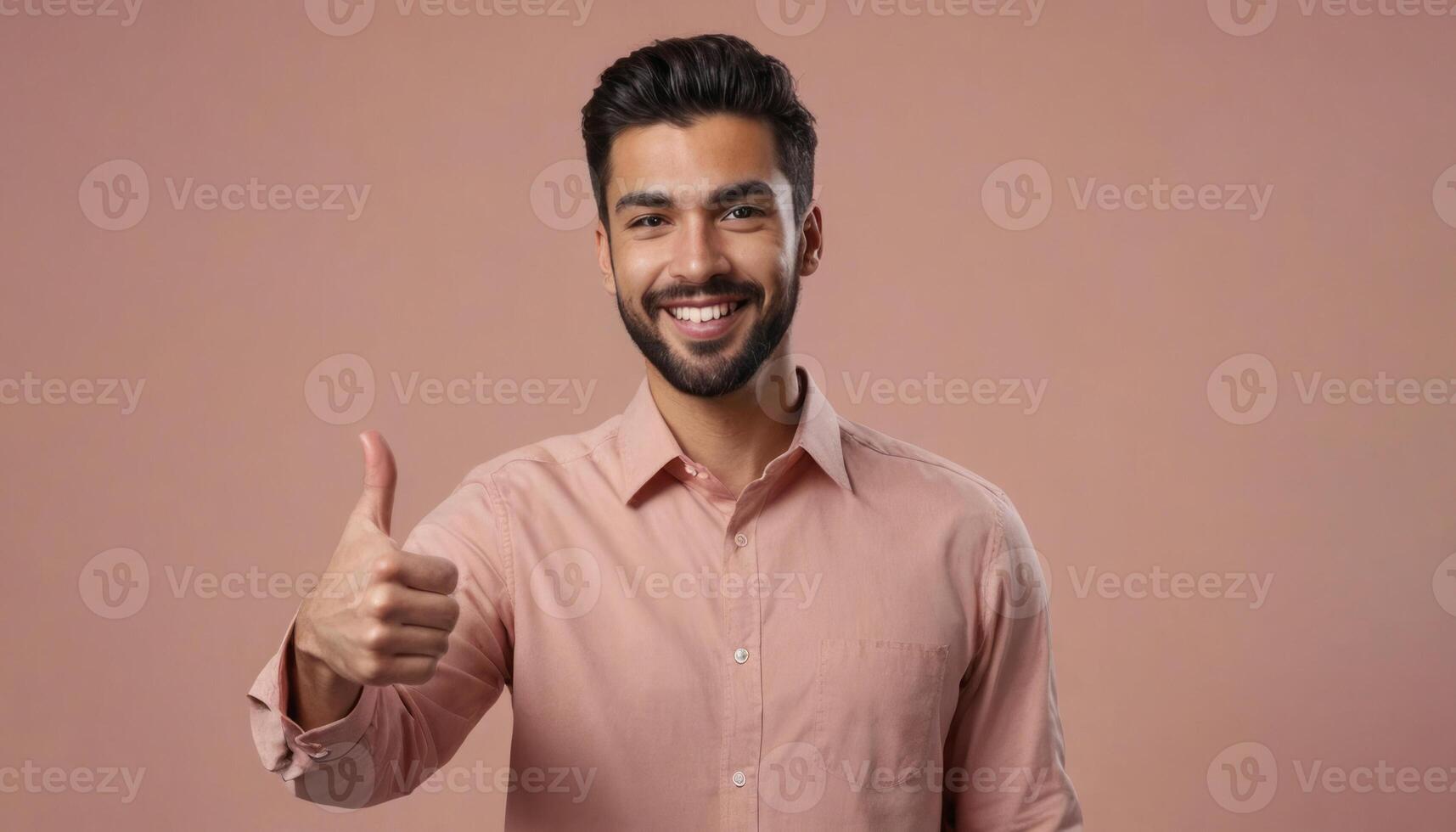 AI Generated A man with a beard and a salmon shirt shows a thumbs up, his confident smile set against a two-tone background. photo