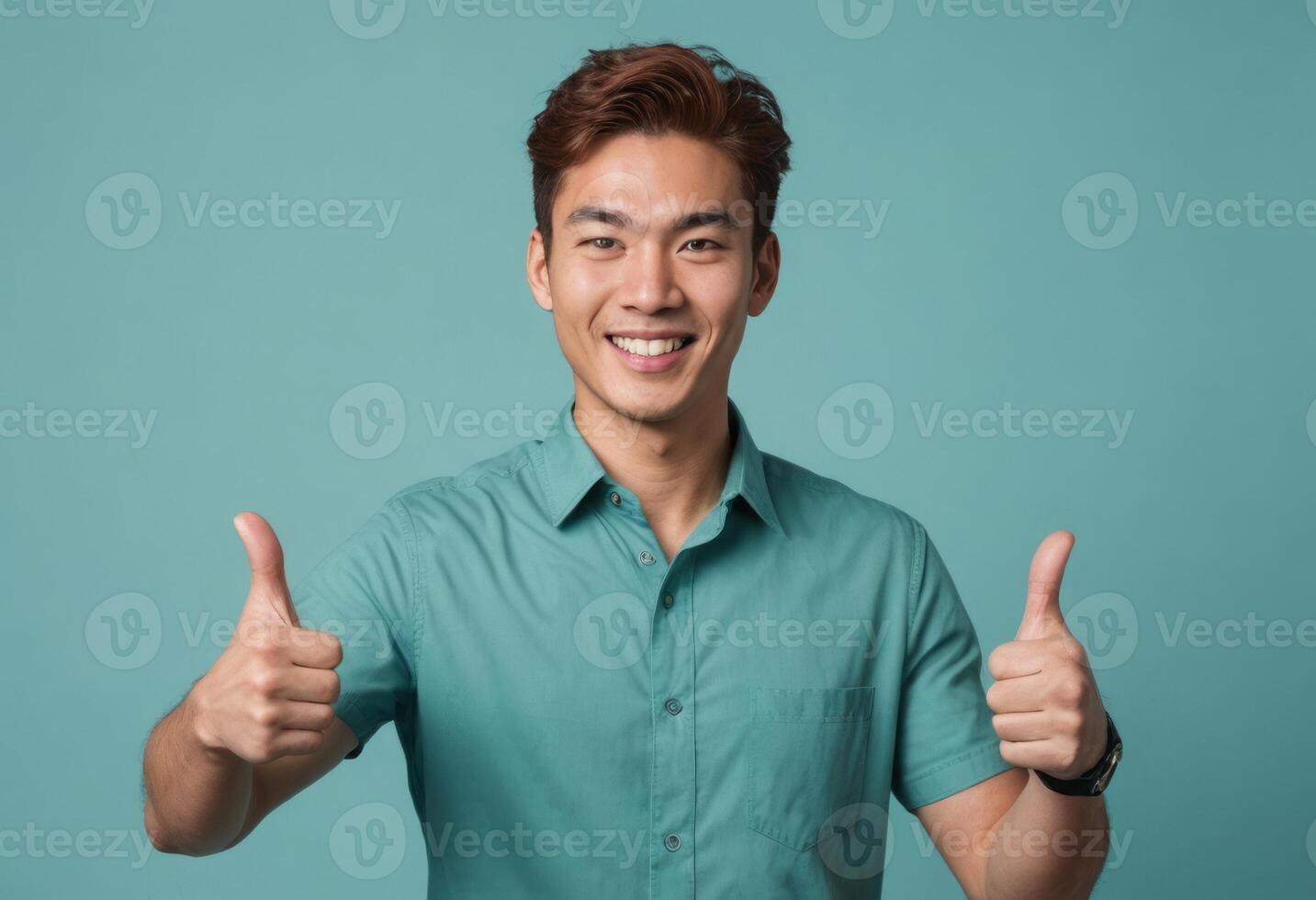 AI Generated A man in a bright teal shirt gives double thumbs up with a broad smile. His energetic expression and casual style convey a positive message. photo