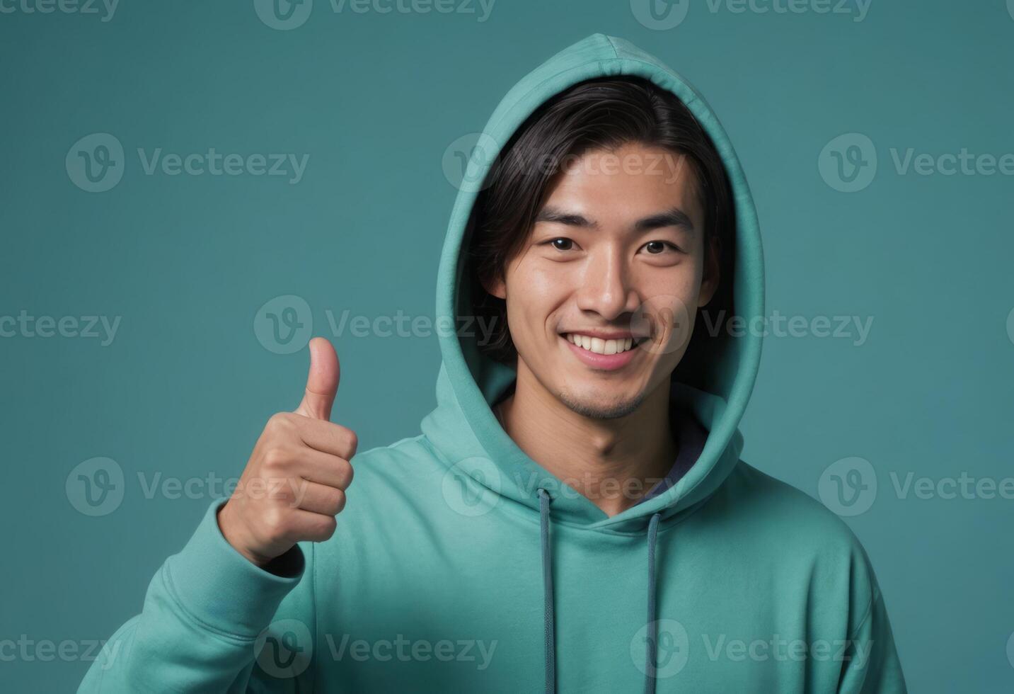 AI Generated A young man in a teal hoodie gives a thumbs up. His casual look and laid-back attitude are captured against a teal background for a monochromatic effect. photo