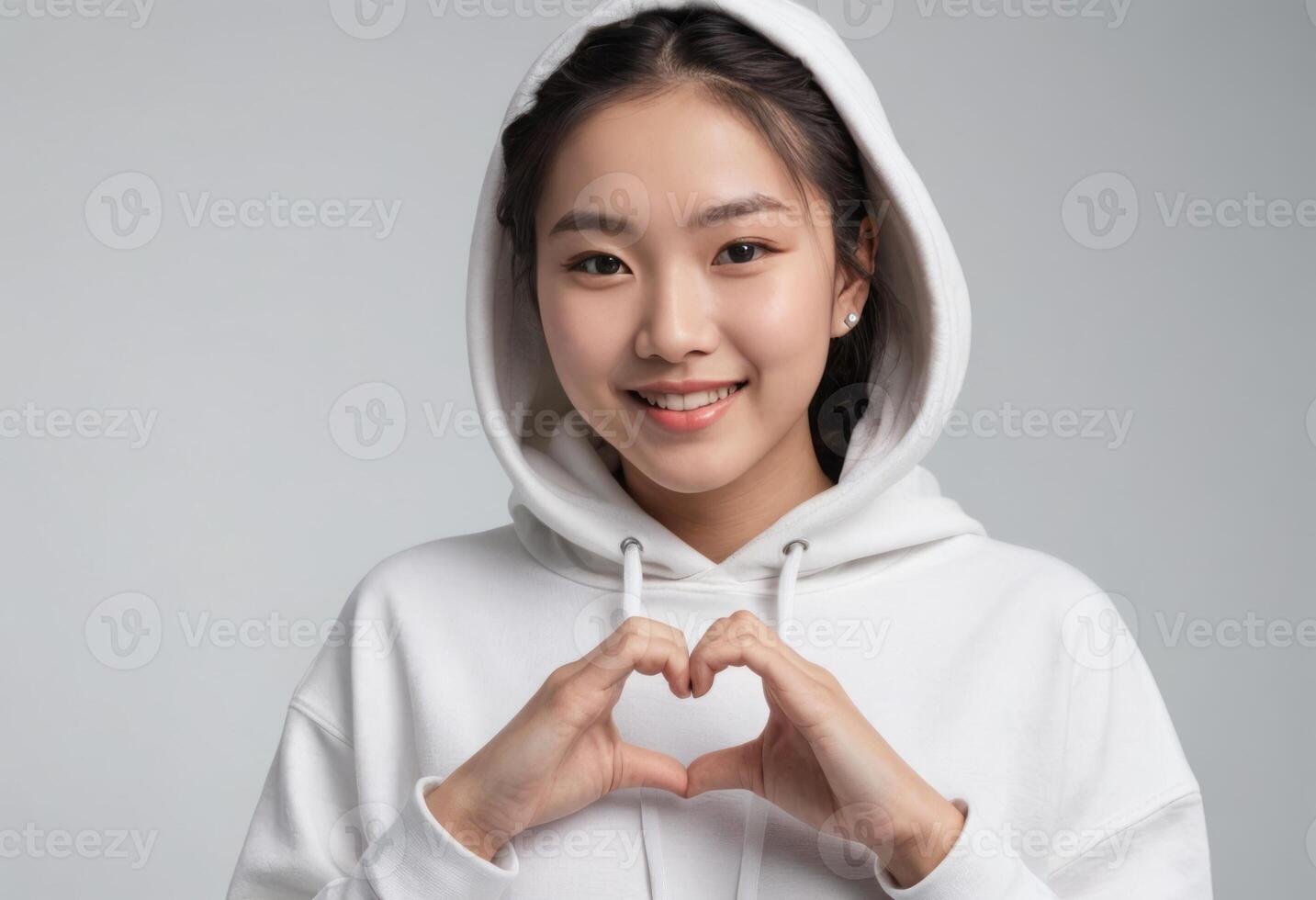 AI Generated A young Asian woman in a white hoodie makes a heart shape with her hands, smiling gently at the camera. photo