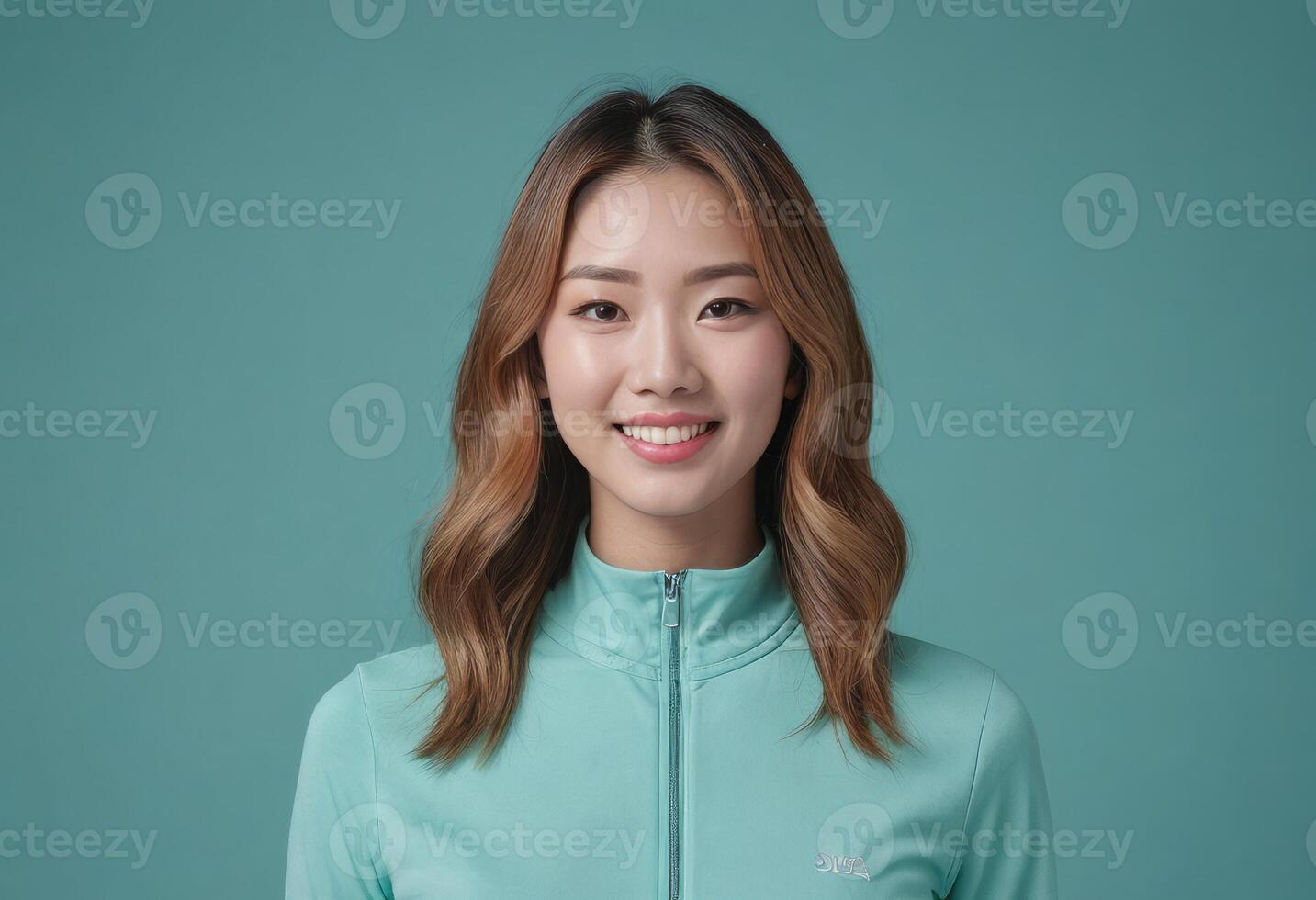 AI Generated A smiling Asian woman in a casual sport jacket with a raised collar against a teal background. photo