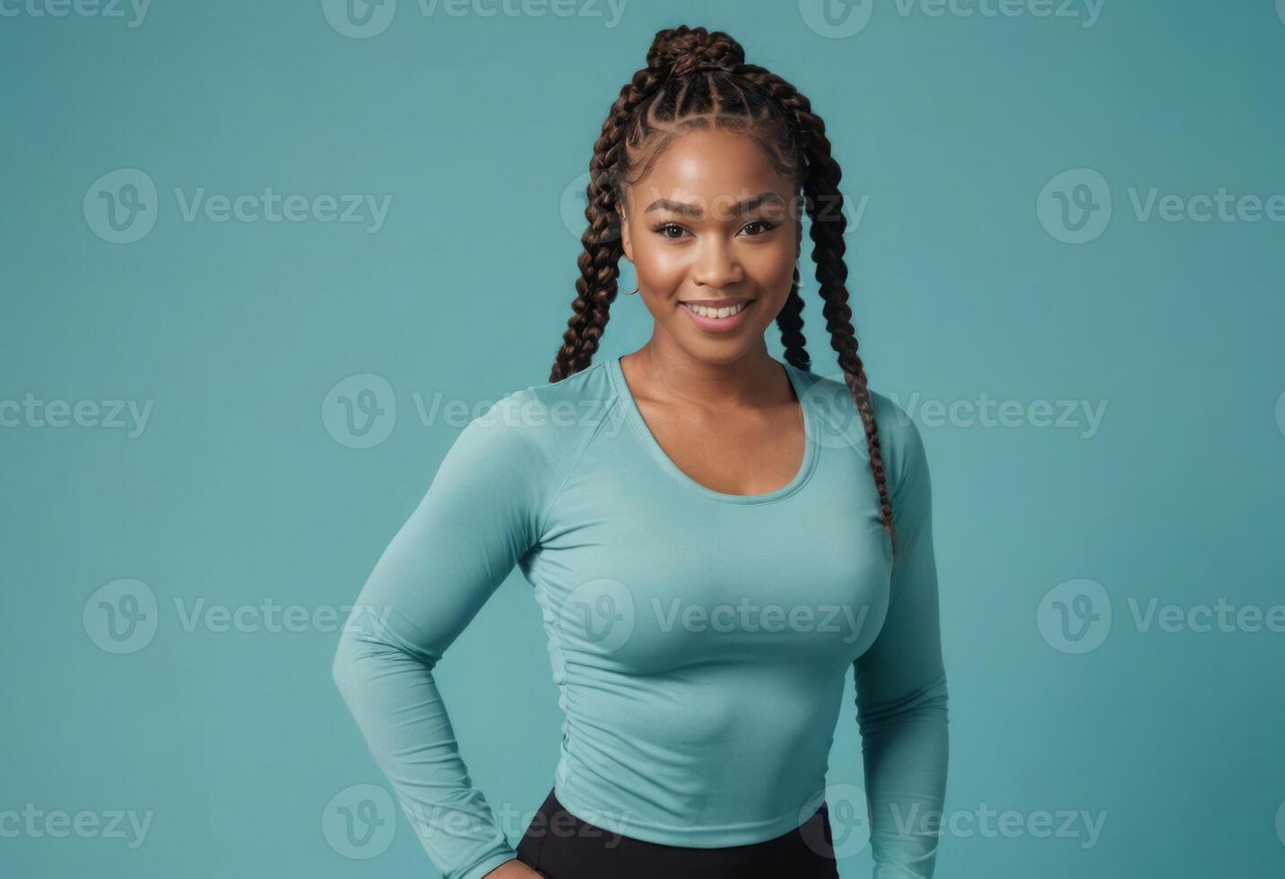 AI Generated A woman with braided hair stands confidently, hands on hips in a teal fitness top. Her posture suggests strength and determination. photo