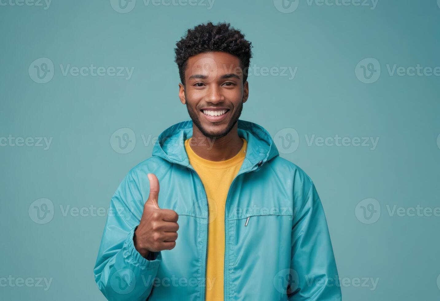 AI Generated A smiling man wearing a winter jacket giving a thumbs up, radiating warmth and positivity against a teal background. photo