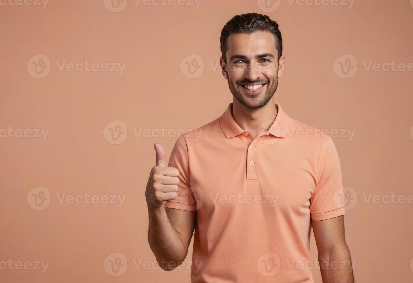 AI Generated A neatly groomed man smiling and showing a thumbs up in a peach polo shirt, representing casual professionalism. photo