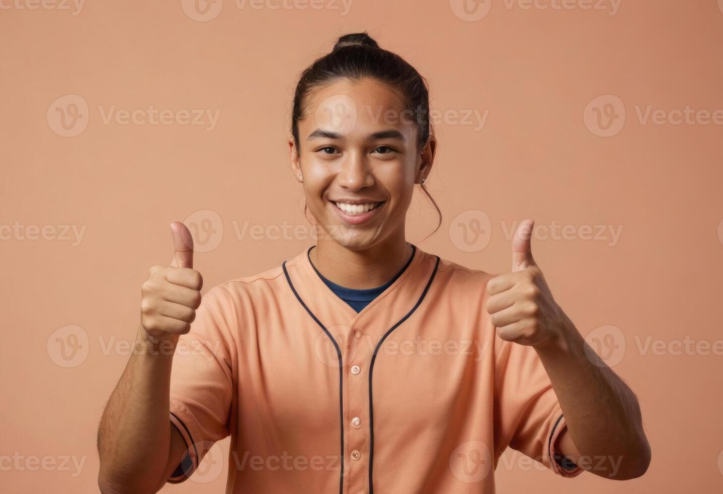 AI Generated A woman with a ponytail wearing a salmon-colored button-up shirt gives a thumbs up, her demeanor is professional and friendly. photo