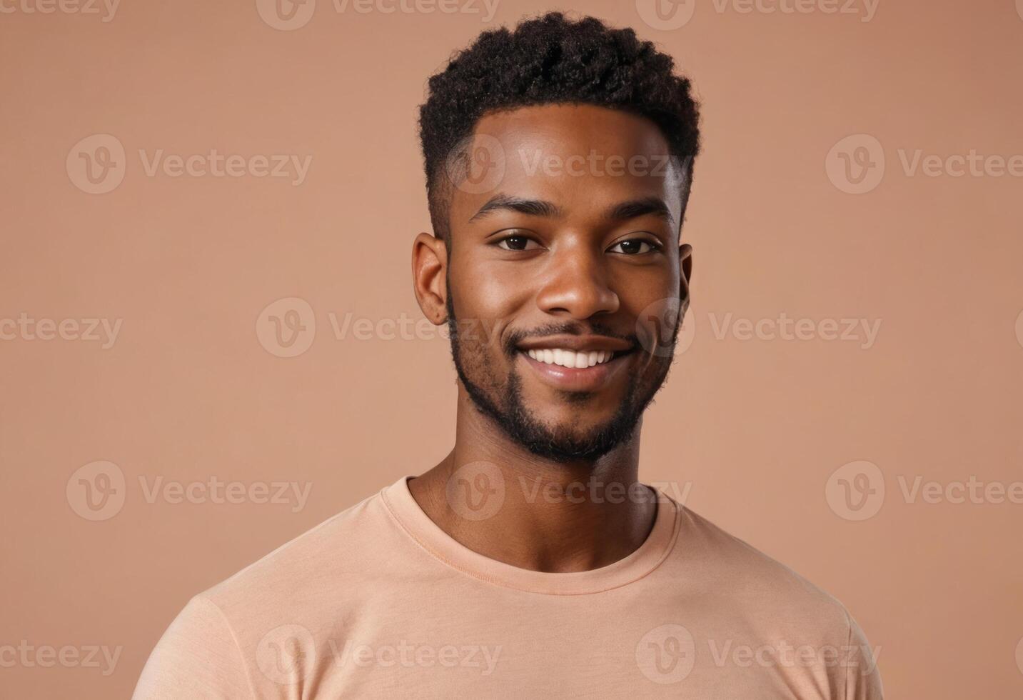 AI Generated A young professional man in a beige shirt poses with a charming smile, exuding friendliness and confidence. photo