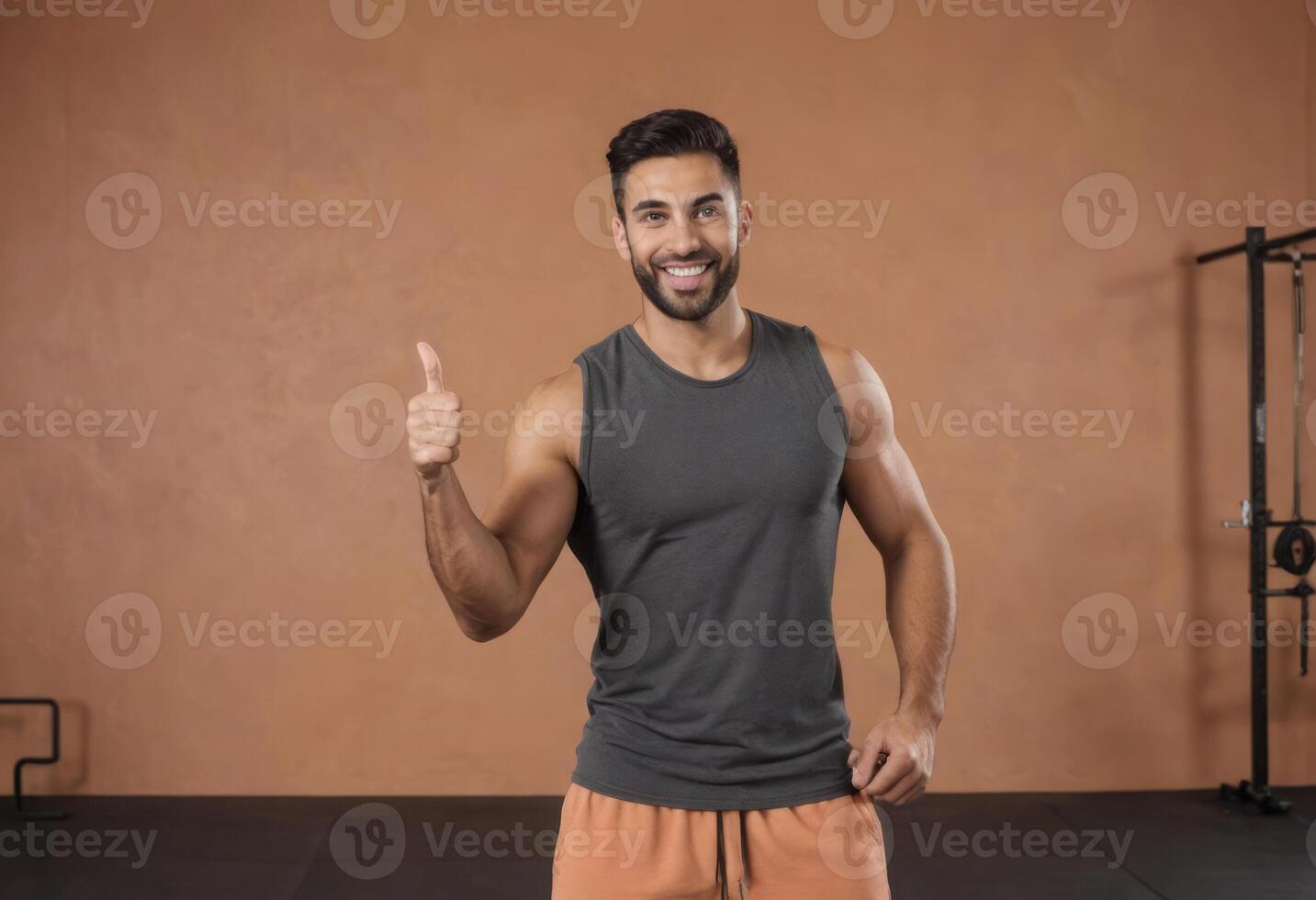AI Generated A fit man in athletic wear giving a thumbs up in a gym setting. His confident smile and sporty outfit indicate readiness for a workout. photo