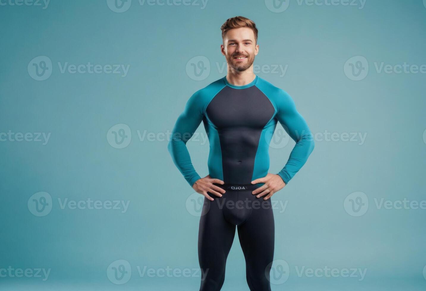 AI Generated A man in a fitted blue wetsuit, standing with hands on hips. His confident stance and athletic build are indicative of an adventurous spirit and active lifestyle. photo