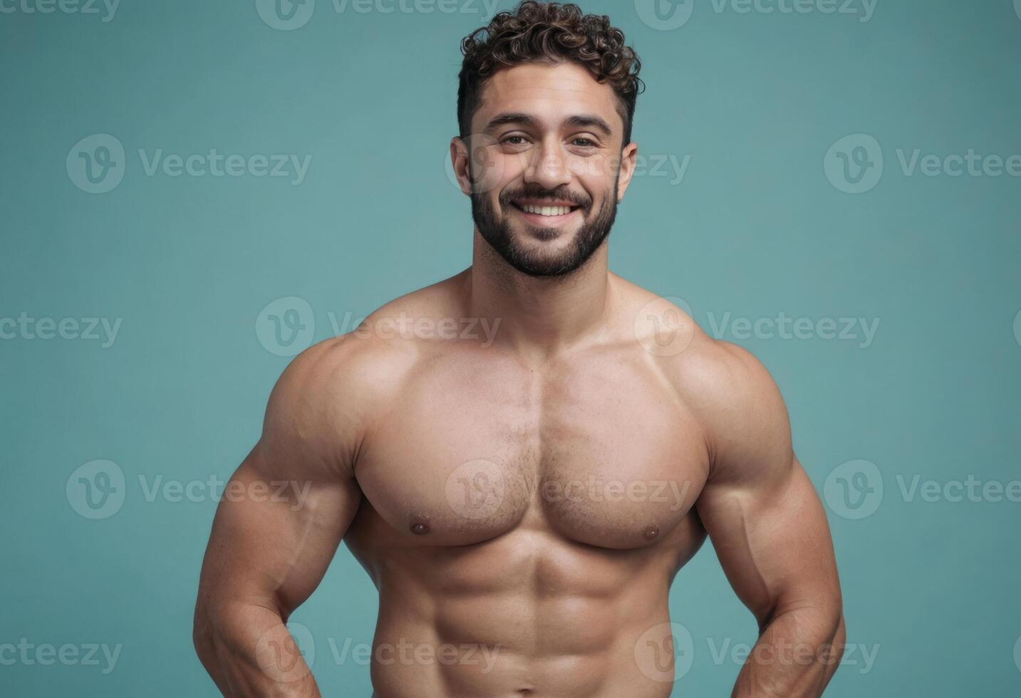 AI Generated A muscular man without a shirt, showcasing his well-built physique. His confident smile and robust form exude readiness for a workout session. photo