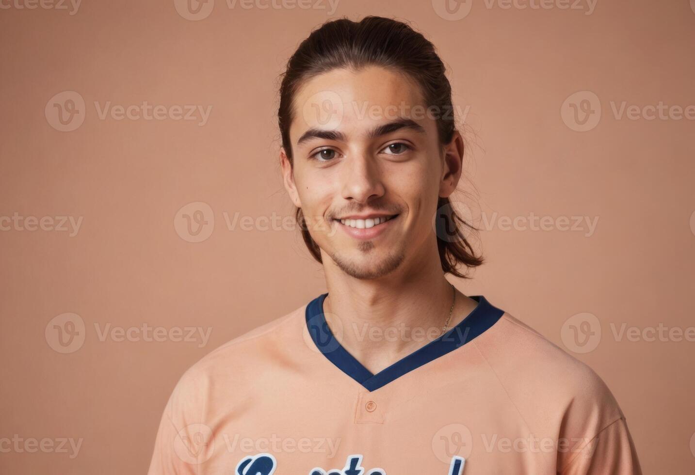 AI Generated A young man with long hair smiles gently, wearing a baseball tee that hints at a sporty, laid-back style. photo