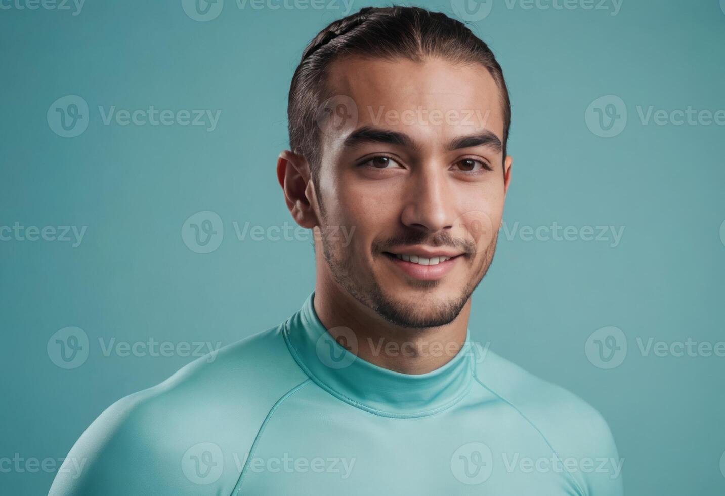 AI Generated A serene young man in a teal turtleneck, with a subtle smile and a gentle gaze. photo