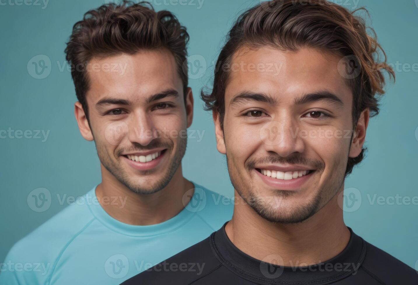 AI Generated Two cheerful young men in matching teal shirts, smiling confidently at the camera. photo