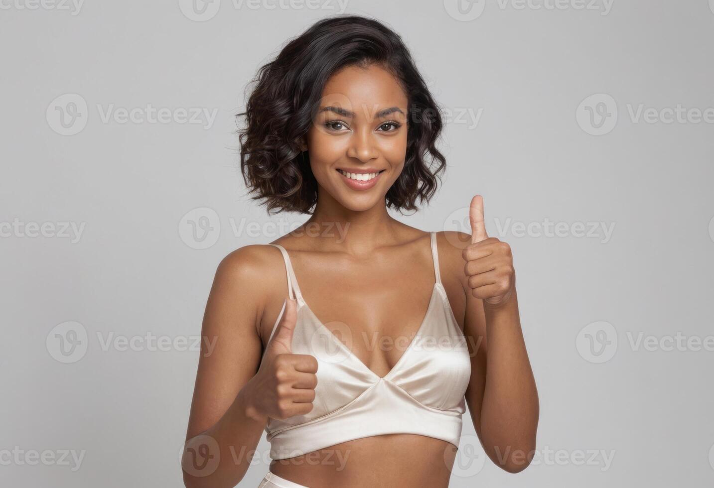 AI Generated A woman in a white bra top gives a confident thumbs up. Her radiant smile and natural curls express genuine positivity and style. photo