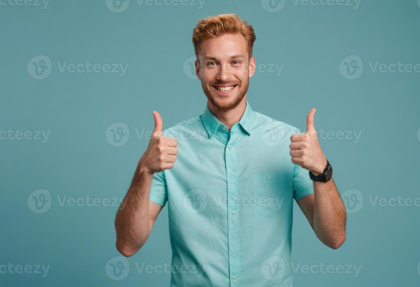 AI Generated Happy man with ginger hair giving a double thumbs up. Blurred background with a complementary teal color. photo