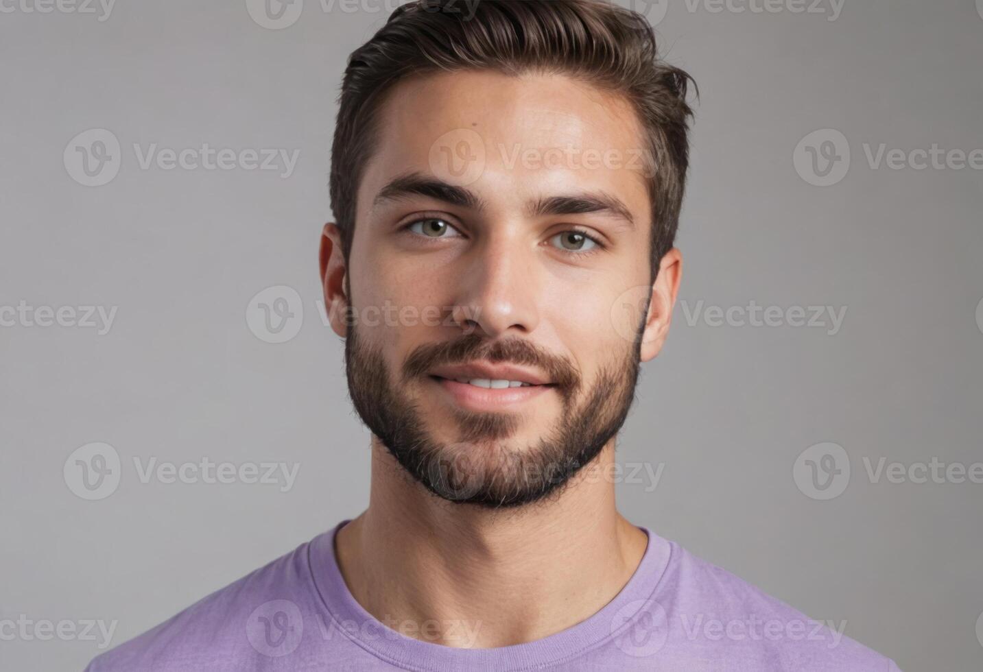 AI Generated Portrait of a young man with a confident smile. Studio shot with neutral background. photo
