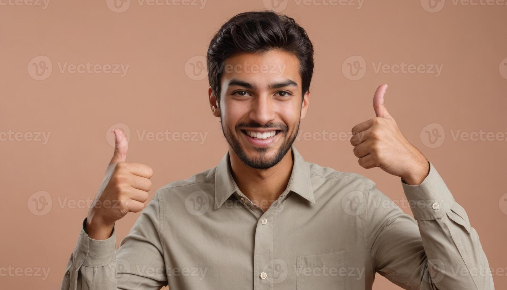 AI Generated Young man with a friendly smile giving double thumbs up. Studio shot with a cohesive peach background. photo