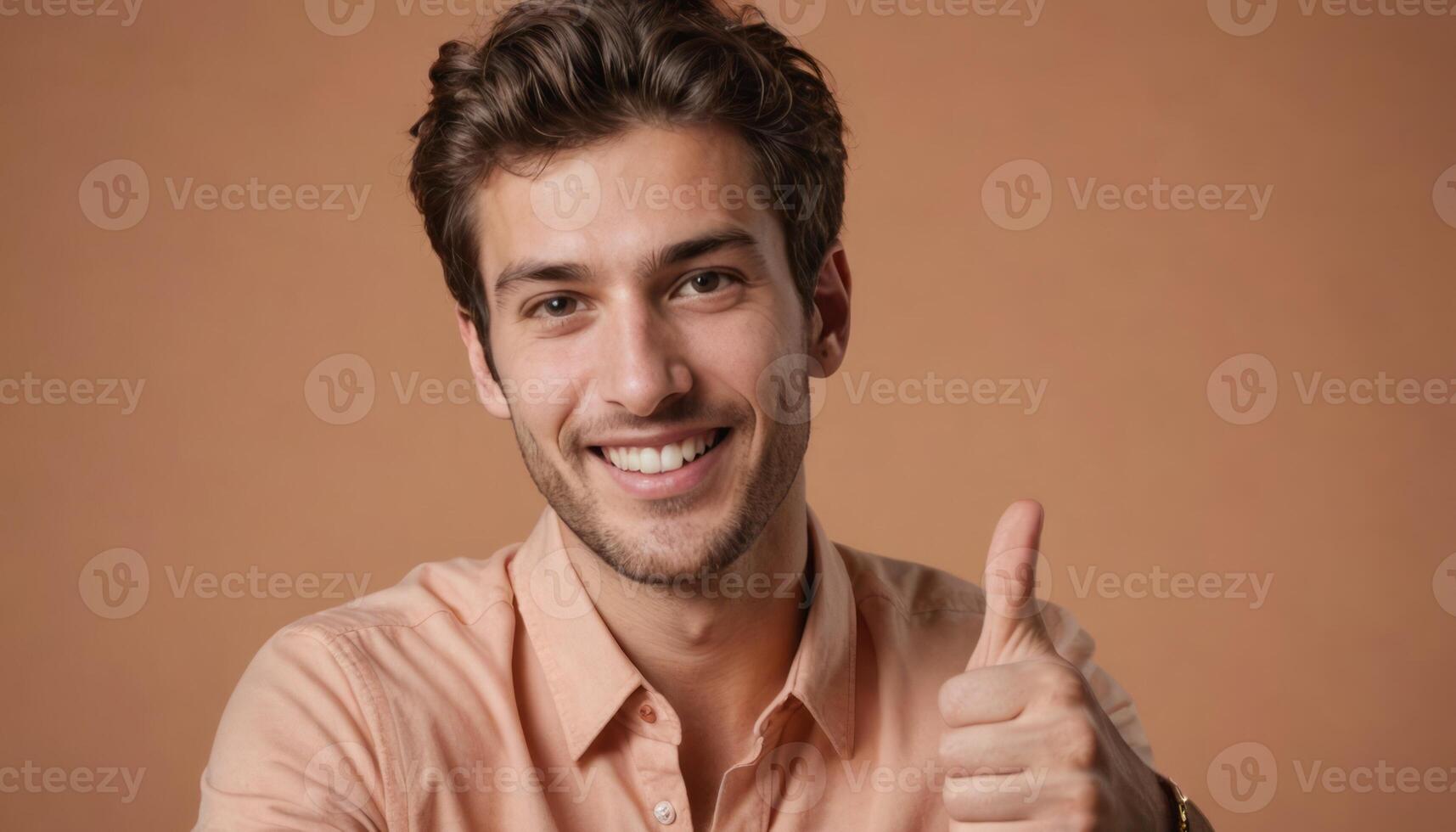 AI Generated Cheerful man with curly hair making a thumbs up sign. Warm peach studio background enhances his friendly demeanor. photo