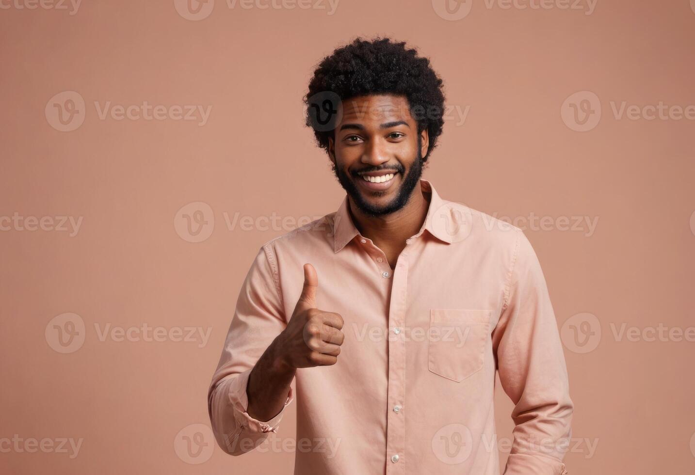 AI Generated A man in a casual button-up shirt gives a thumbs up, his smile and afro hairstyle highlighting his friendly demeanor. photo