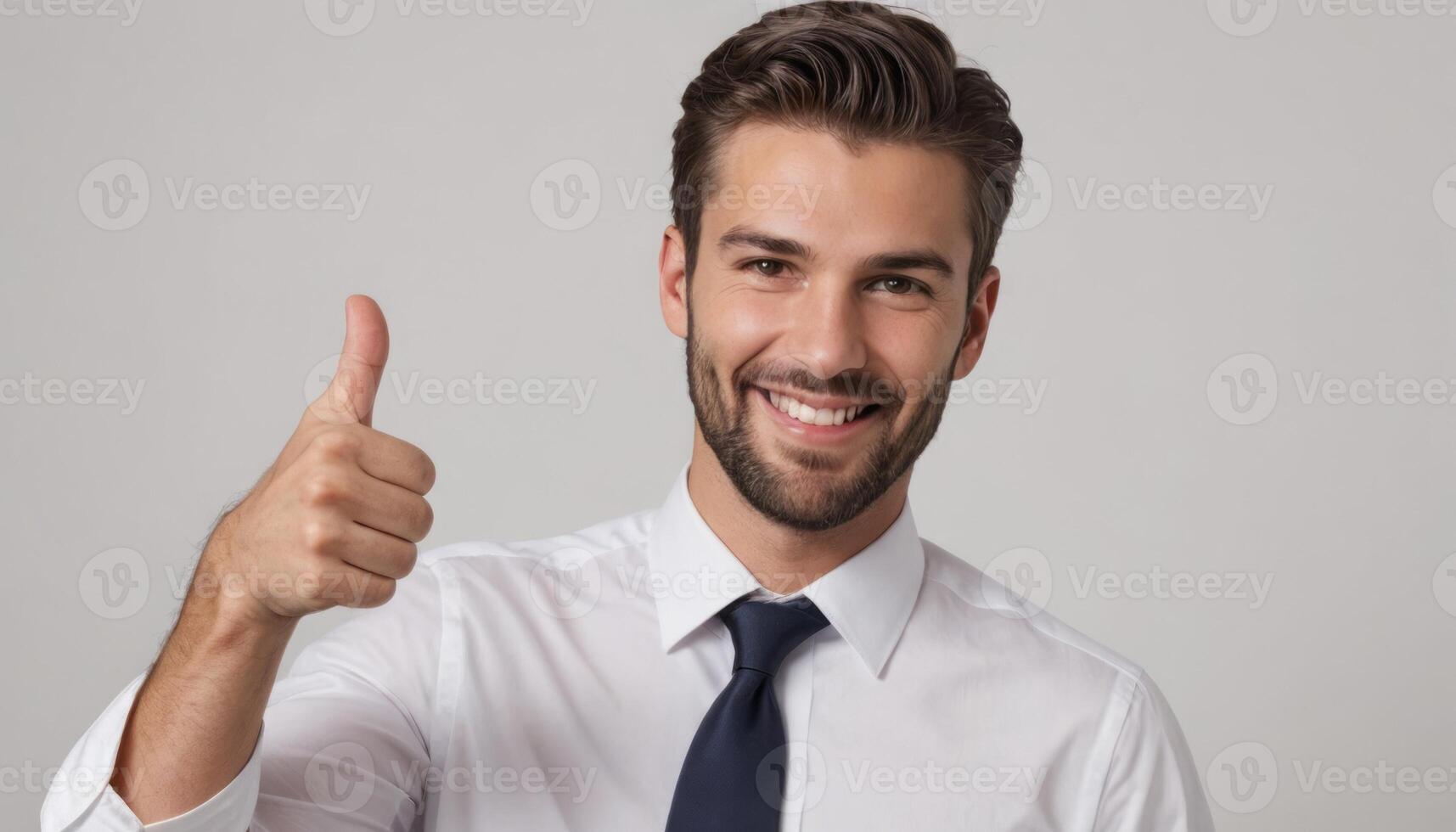 AI Generated A professional man in a white shirt giving a thumbs up. Captured in a studio setting with a grey background. photo