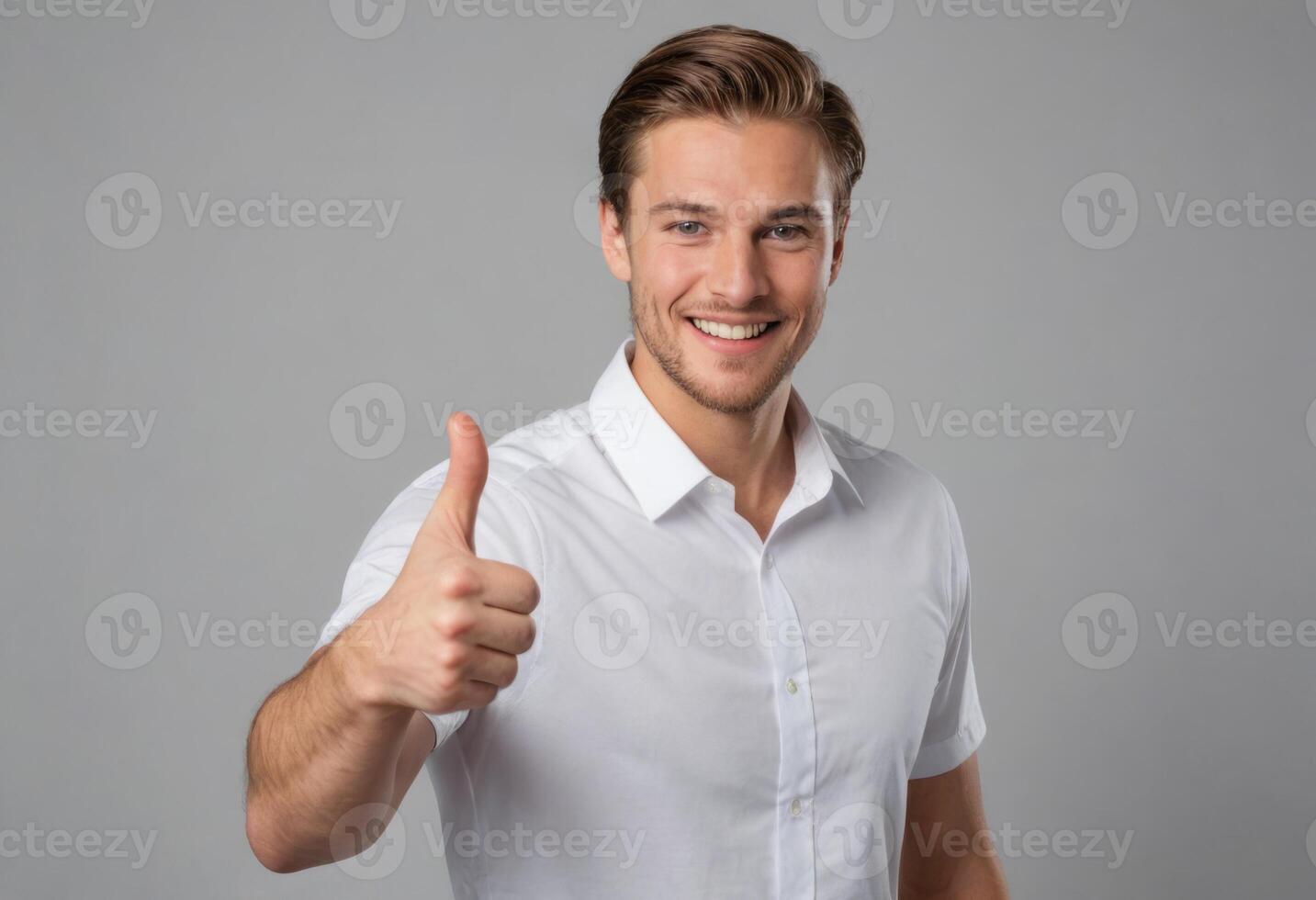 AI Generated Charming young man in a white shirt giving a thumbs up. Confident and happy expression. photo