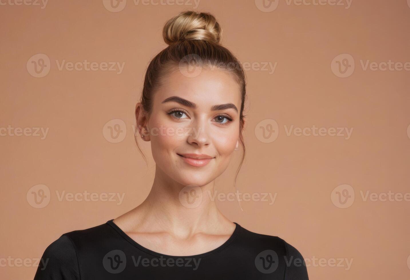 AI Generated Graceful woman with sleek bun wearing a black top. Simplicity and elegance. photo