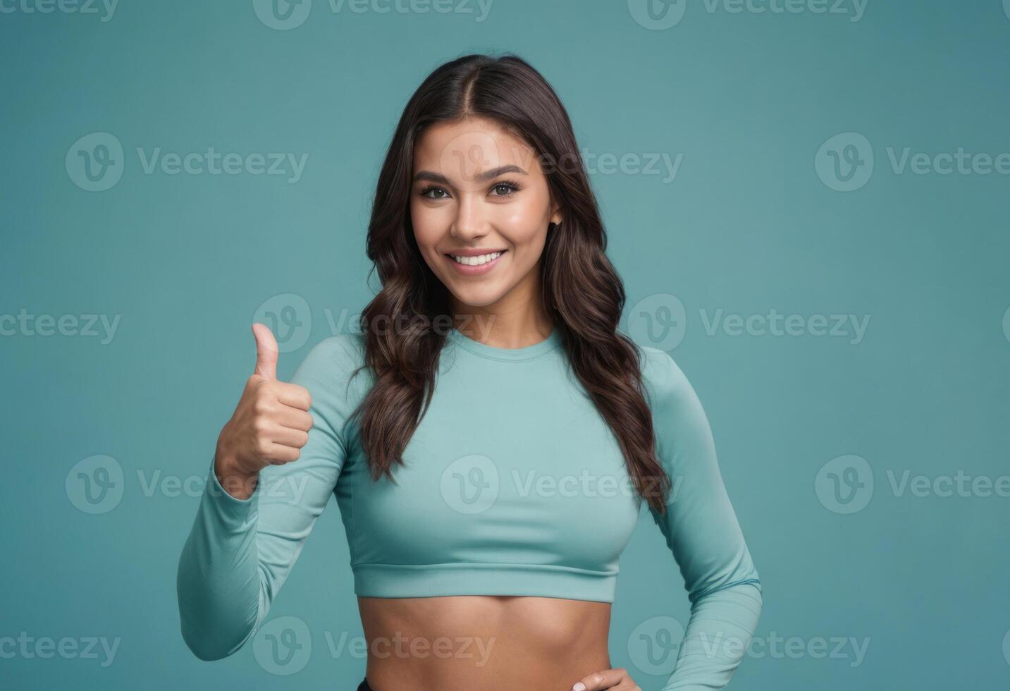 AI Generated A sporty woman in a crop top gives a thumbs-up, her expression is friendly and encouraging. Teal background adds a fresh vibe. photo