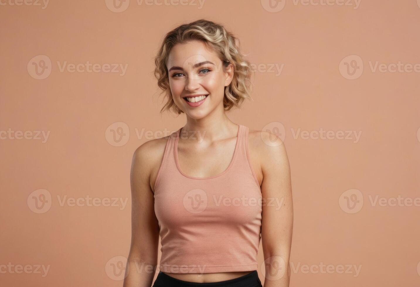 AI Generated Cheerful blonde woman in a casual tank top, exuding confidence and happiness. The backdrop is a simple peach color. photo
