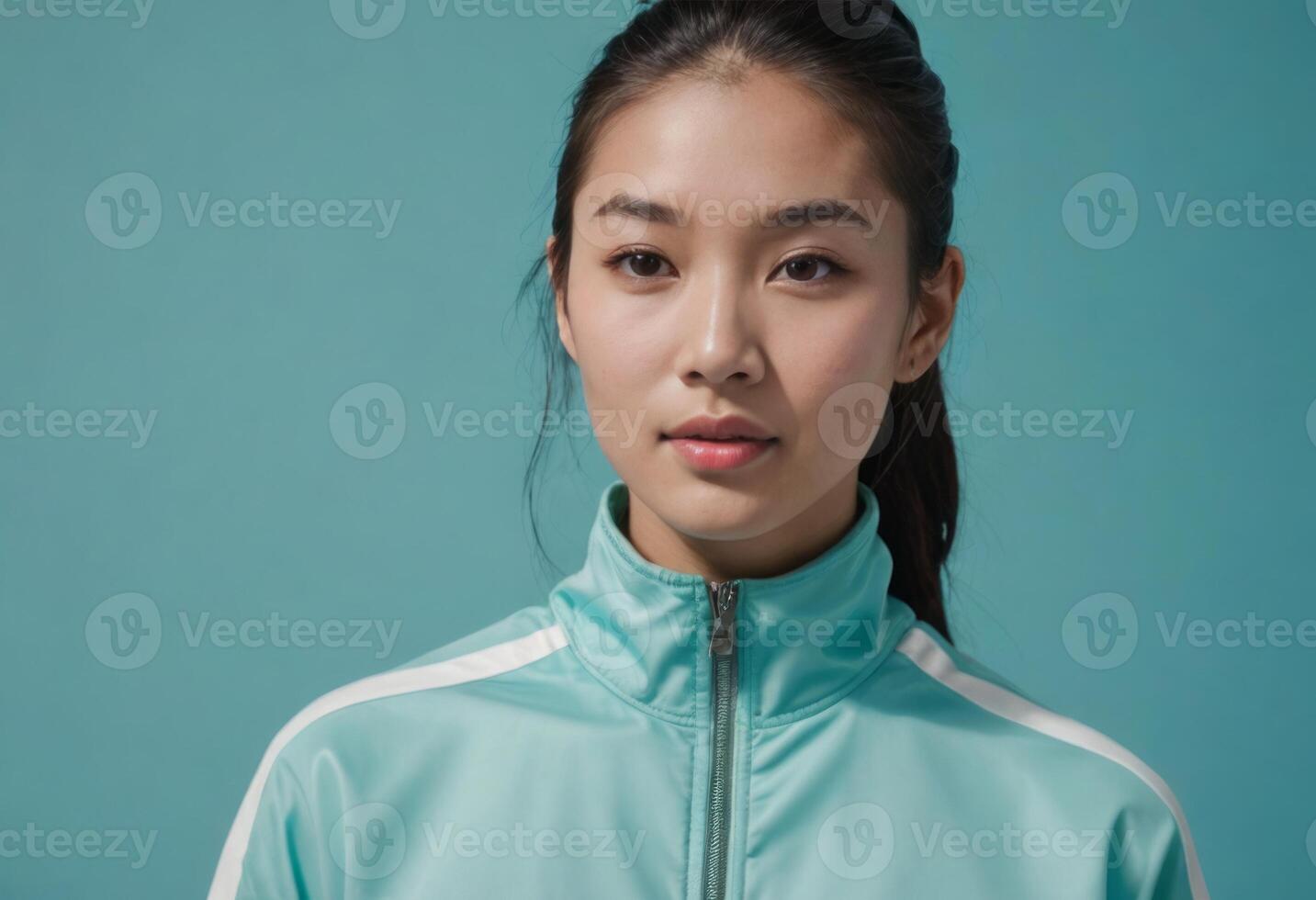 AI Generated A focused athlete in a teal jacket looks confidently ahead. Her poised stance and the cool teal background exude determination. photo