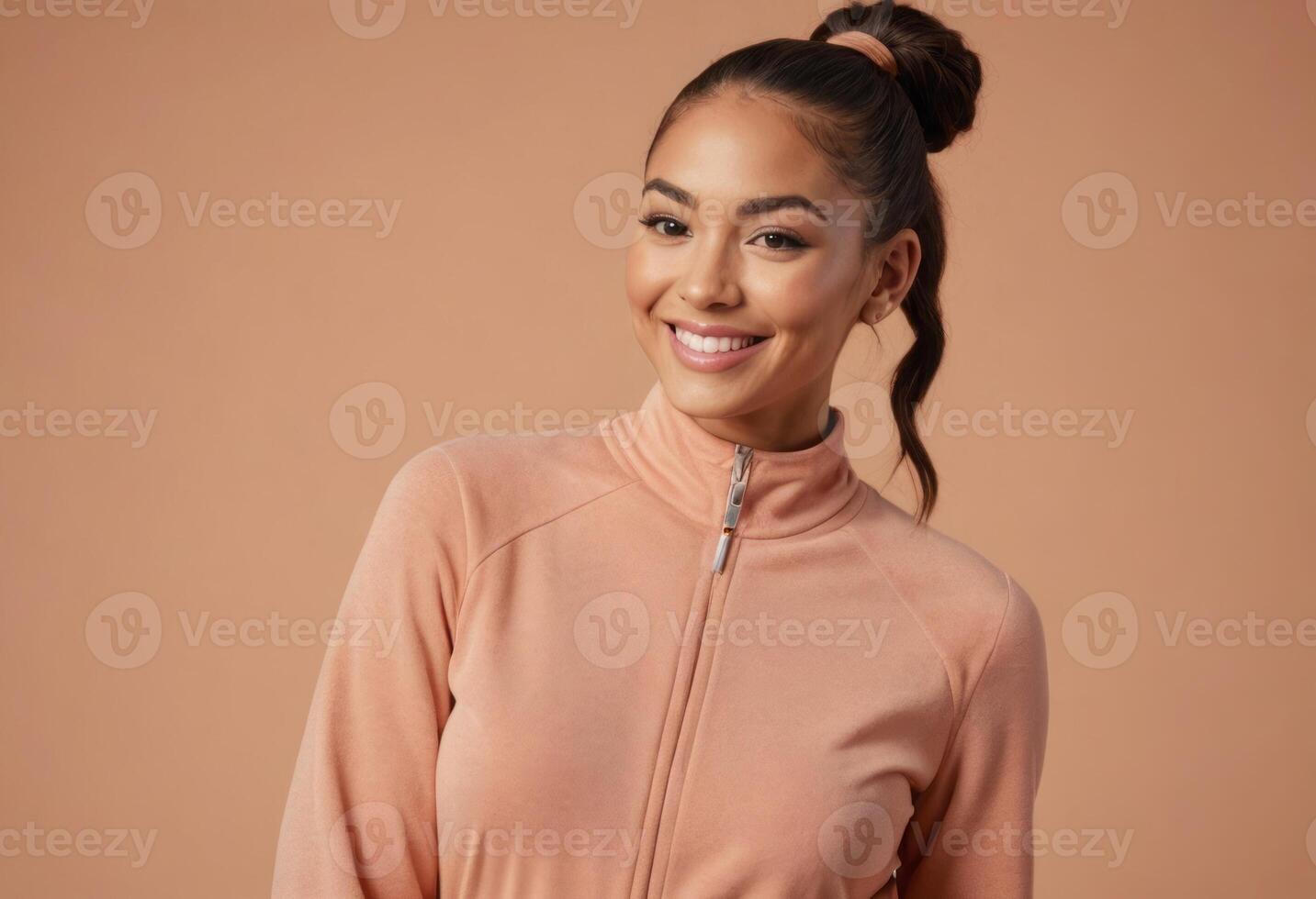 AI Generated Woman in a casual zip-up jacket smiles with confidence, her neat bun showing practical style. Warm peach background adds to the inviting atmosphere. photo