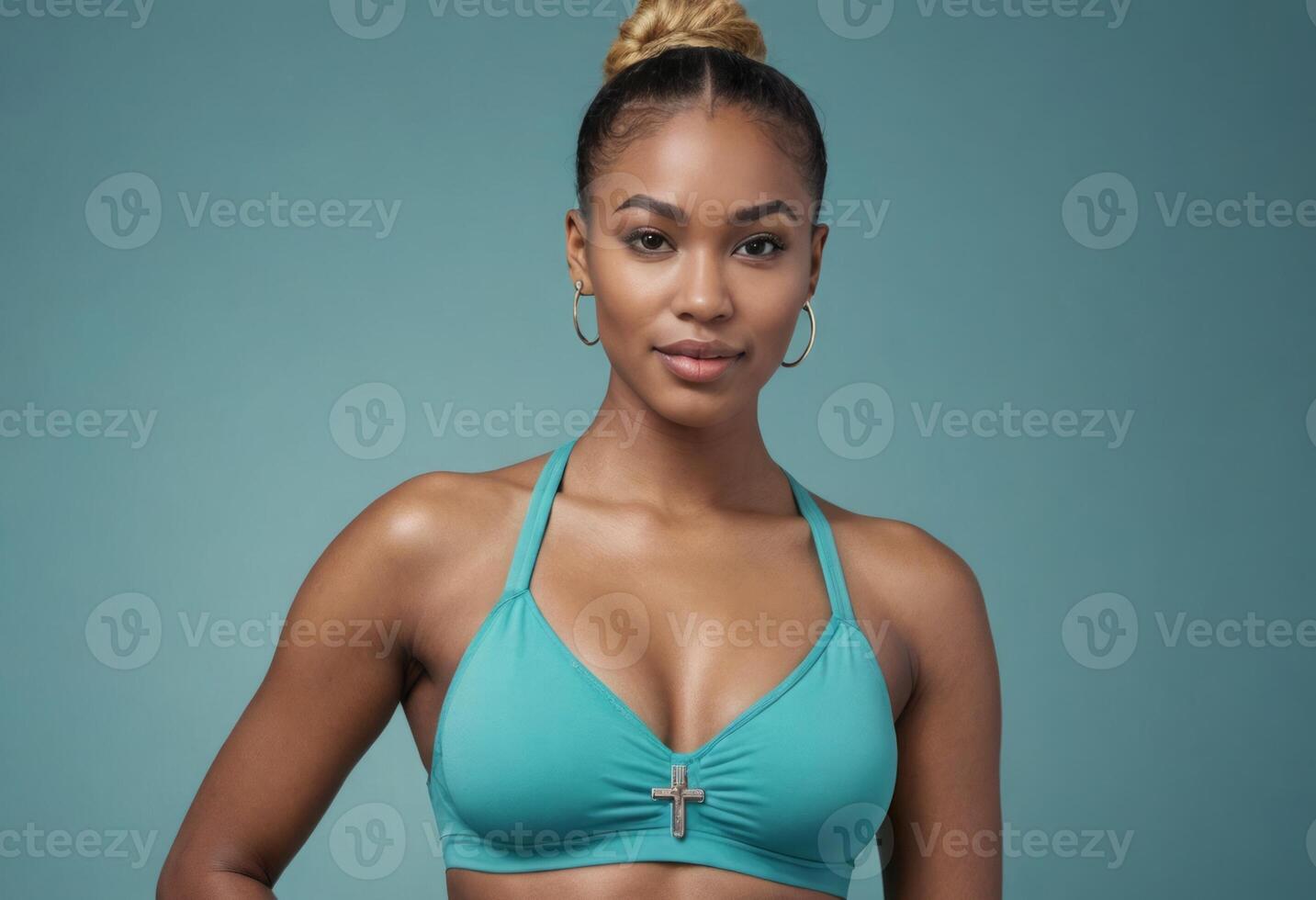 AI Generated Confident woman in a fitness top stands assertively, her sleek high ponytail exemplifying a strong attitude. Teal backdrop accentuates her presence. photo