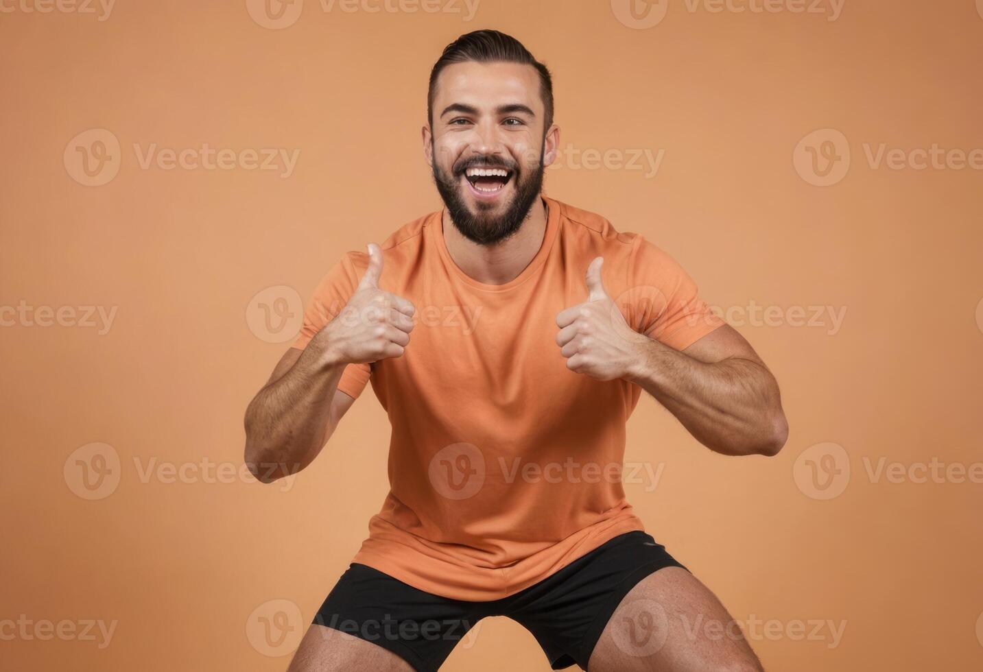AI Generated A joyful man in a peach shirt gives double thumbs-up, his bright smile and squatting pose express enthusiasm and energy. photo