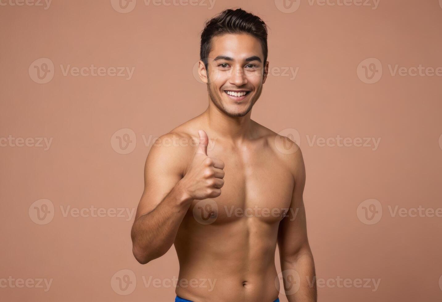 AI Generated A shirtless man gives a thumbs-up, his fit physique and cheerful demeanor on display against a peach background. photo