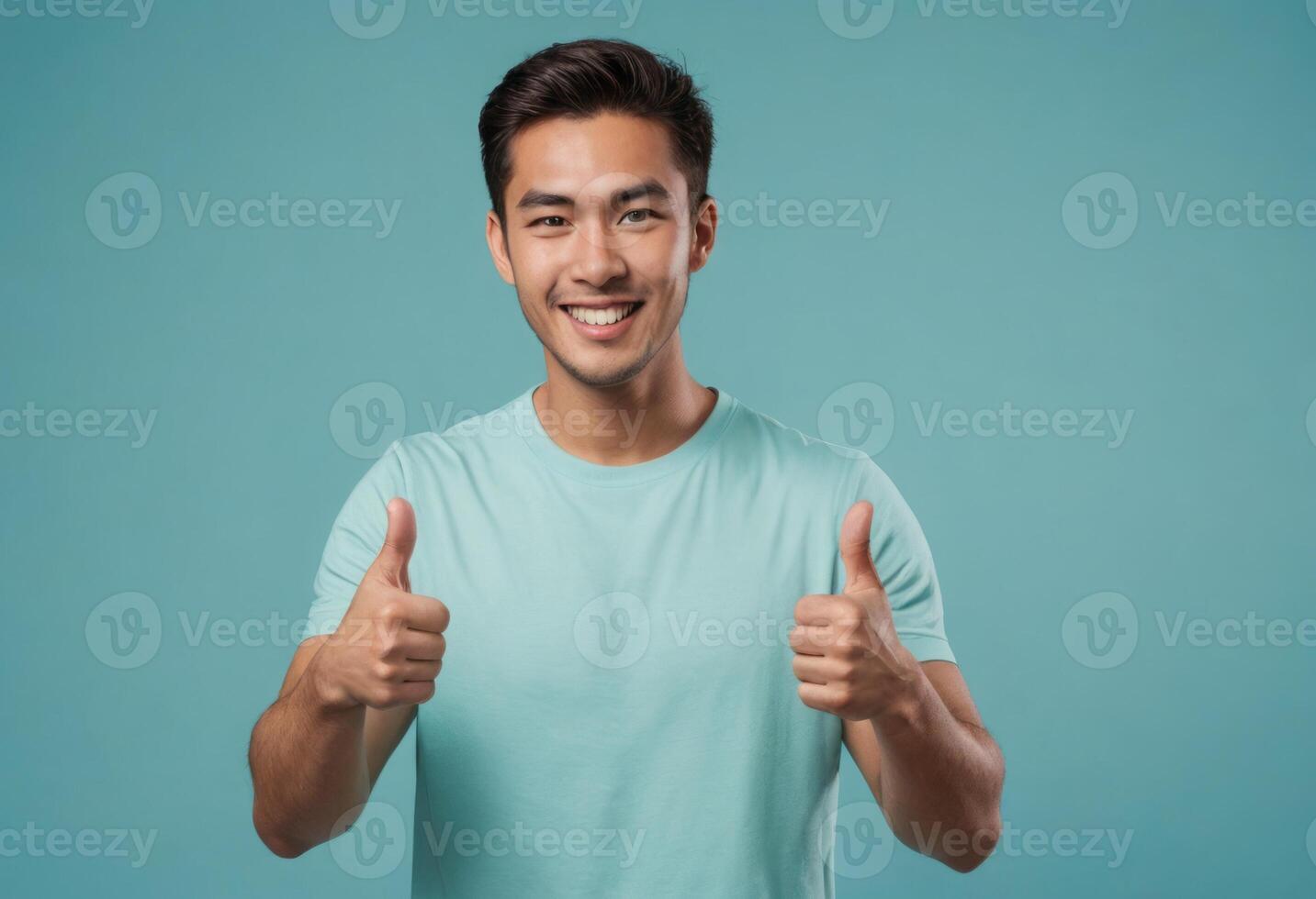 AI Generated A friendly-looking man with a charming smile giving two thumbs up. Dressed in a light teal t-shirt, he radiates positivity. photo