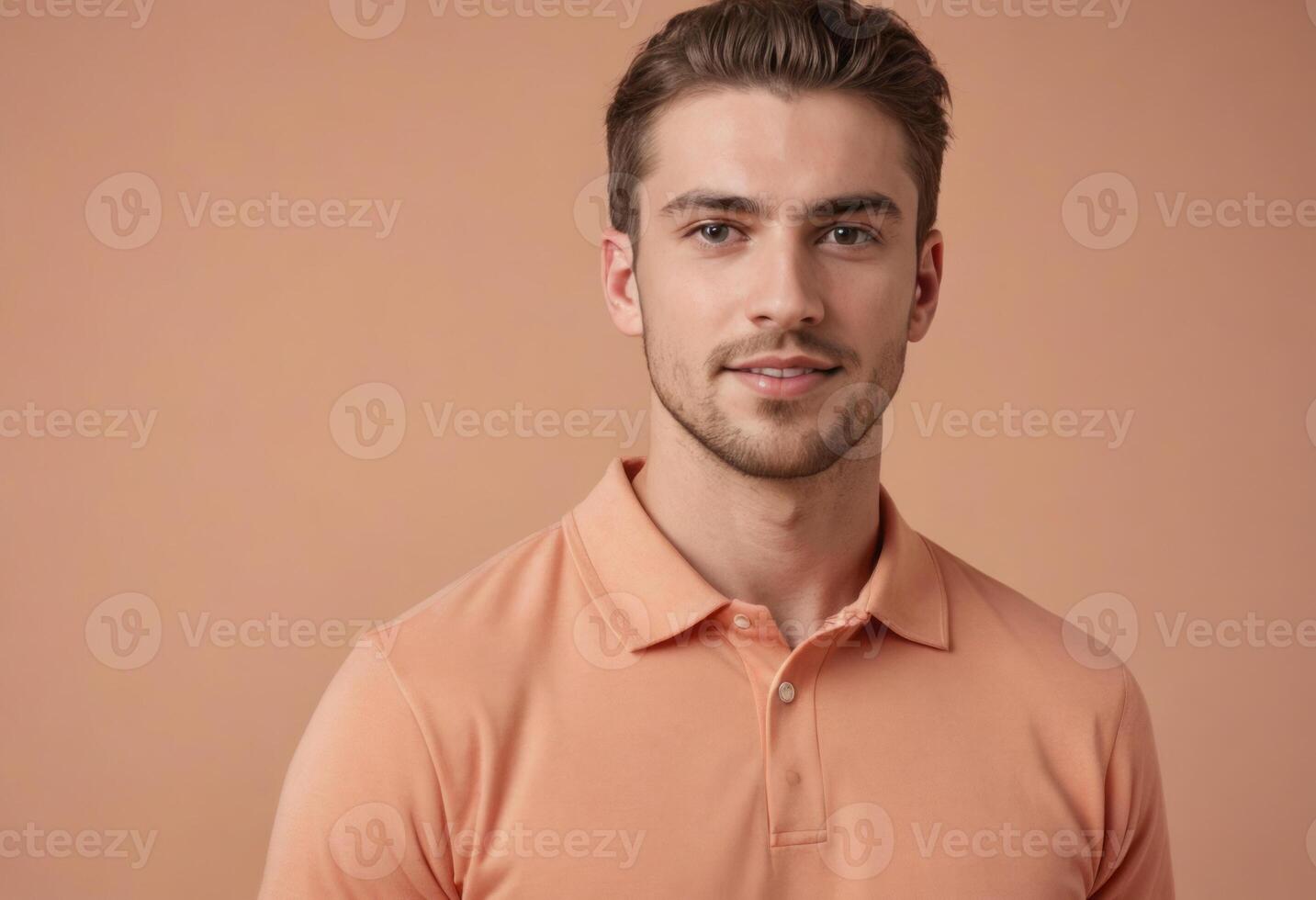 AI Generated A serene young man in a peach polo shirt gazes forward, against a soft peach background. His expression is calm and collected. photo