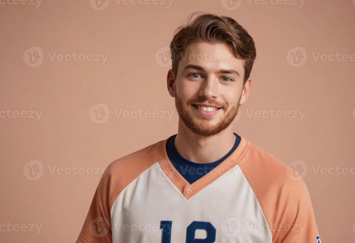 AI Generated A smiling young athlete in a sports jersey stands casually, conveying a relaxed and happy demeanor. photo