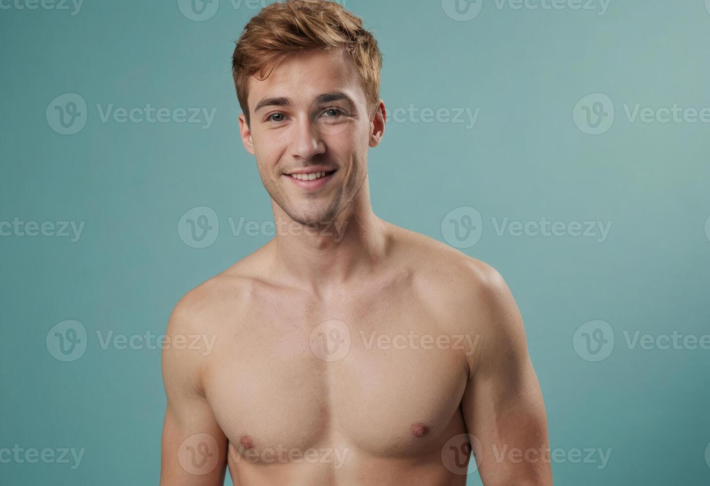 AI Generated A smiling man without a shirt exudes confidence and ease, standing against a teal background. photo