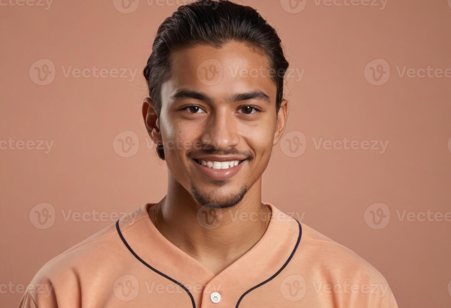 AI Generated A friendly young man in a peach-colored button-up shirt smiles gently, set against a matching background. photo