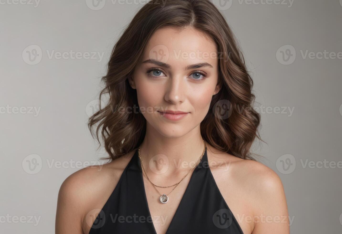 AI Generated A chic woman in a black halter top exudes elegance and confidence, her delicate necklace accenting her look. photo