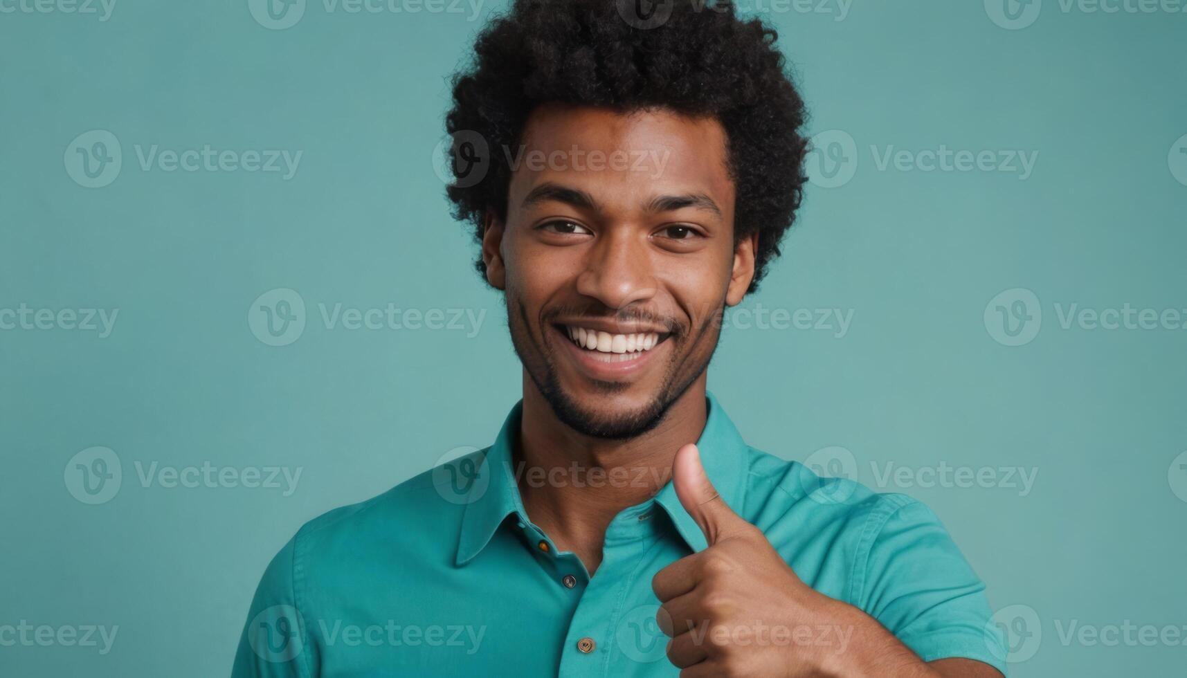 AI Generated A confident man in a turquoise polo shirt, giving a thumbs up with a smile. His look is assured and friendly. photo