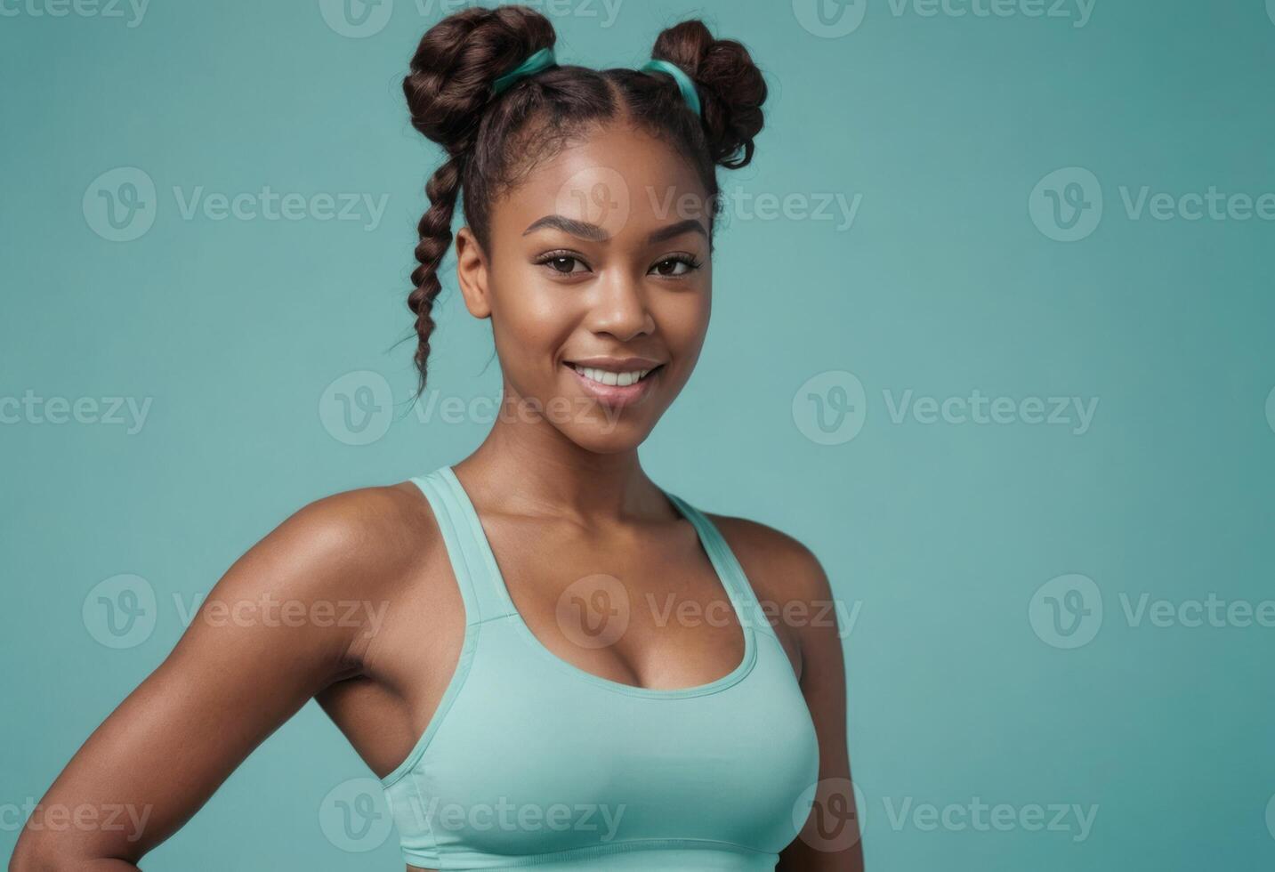 ai generado un deportivo mujer con un juguetón peinado poses con confianza su radiante sonrisa refleja un activo y divertido personalidad. foto