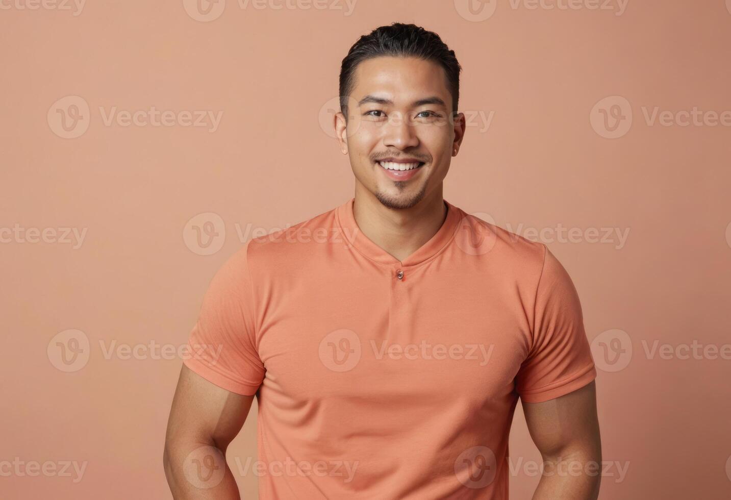 AI Generated Handsome man smiling in a coral polo shirt. A portrait with a warm, approachable vibe. photo