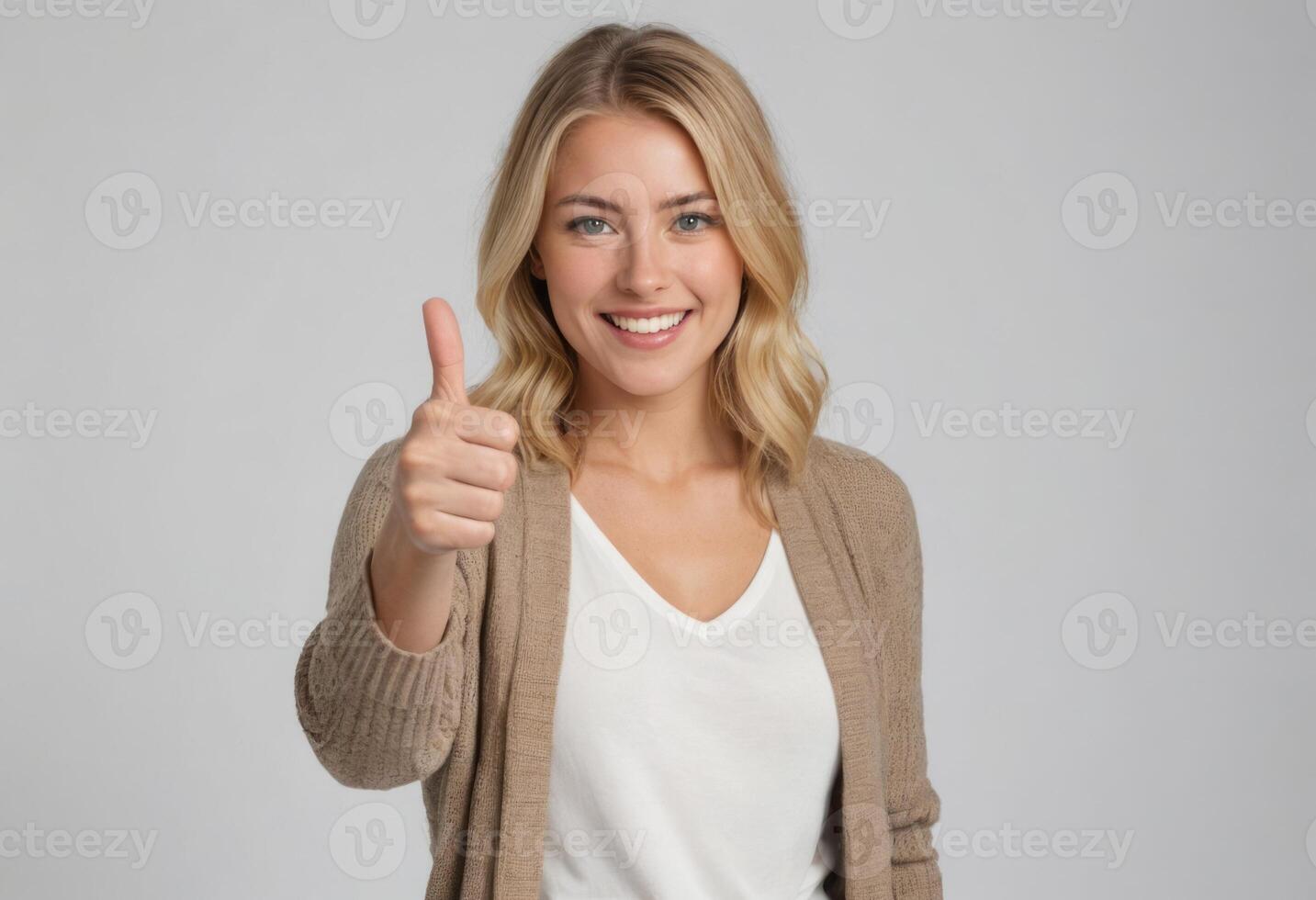 AI Generated Blonde woman giving a thumbs up in casual wear. Represents approval and a positive attitude. photo