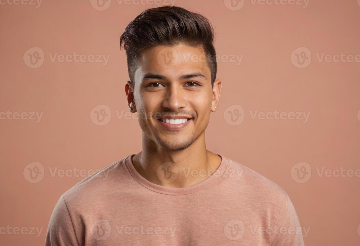 ai generado elegante joven hombre con un de moda Corte de pelo sonriente. exuda confianza y moderno Moda sentido. foto