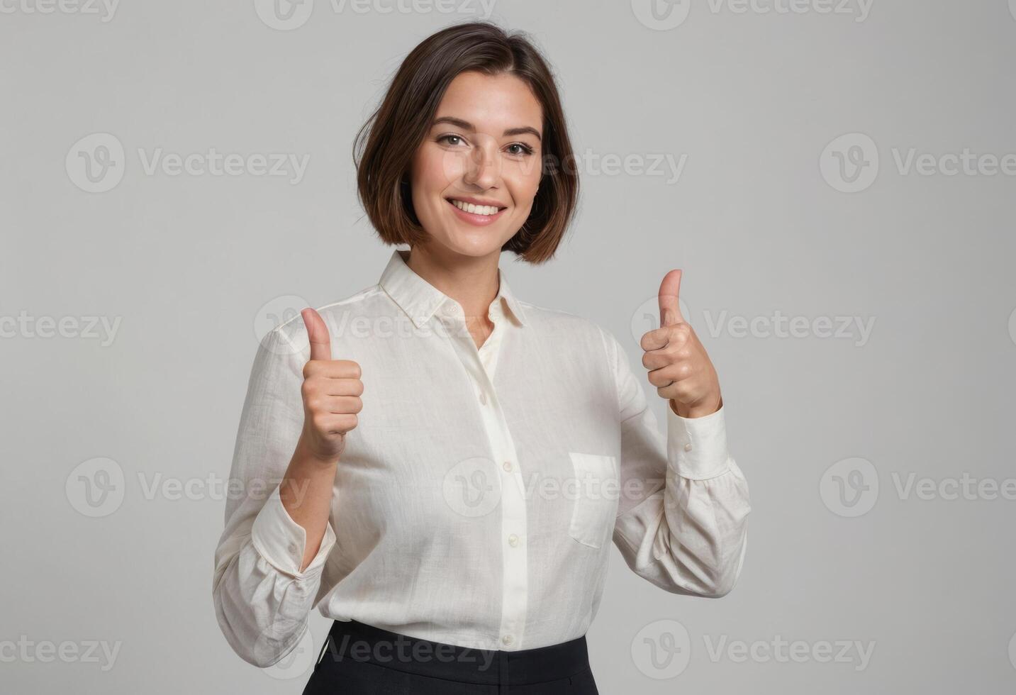 AI Generated A confident woman in a formal shirt giving double thumbs up. Image portrays assurance and positivity. photo